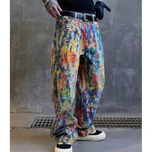 XYGJZ Hip Pop Wide Leg Jeans for Men Artistic Paint Splatter Denim Jeans3