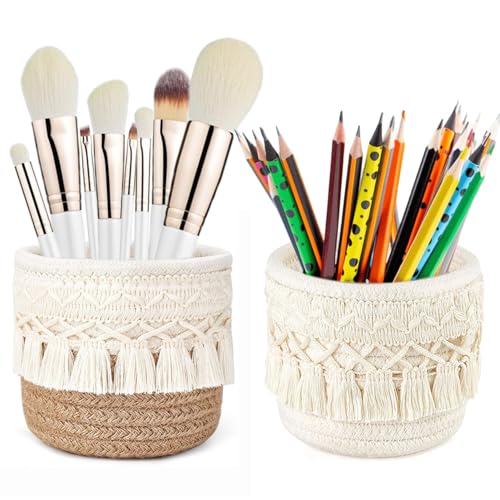 YANJINGHE 2 Piezas Organizador de 10x10 cm para Brochas de Maquillaje, Mini Cesta de Almacenamiento Segura Bohemia, Soporte Multiusos para Maquillaje, Bolígrafos, Lápices y Accesorios (Blanco, Caqui)