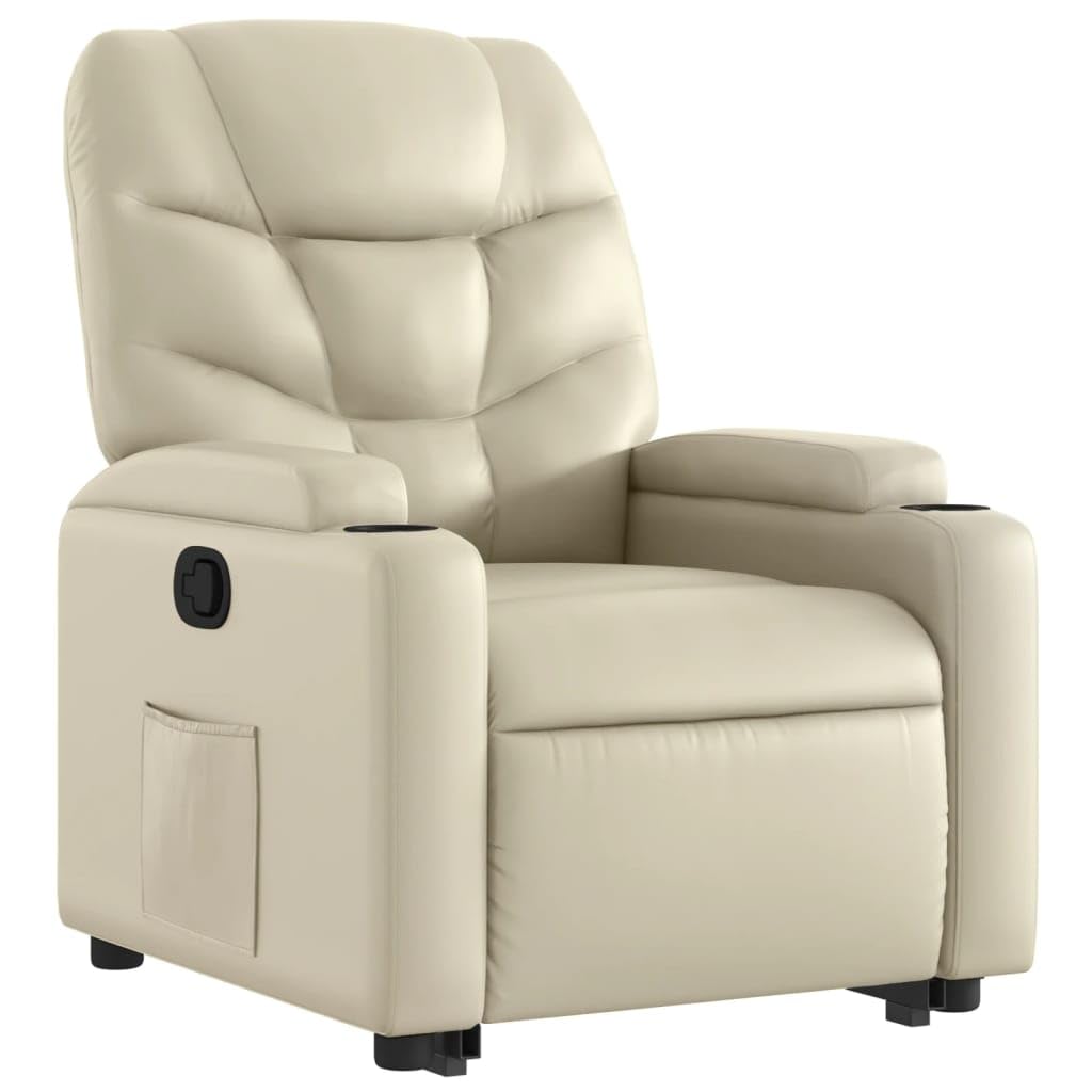 Sillón elevador eléctrico reclinable de piel sintética color crema con función de elevación y reclinación manual hasta 135 grados, cómodo con portavasos y bolsillo lateral