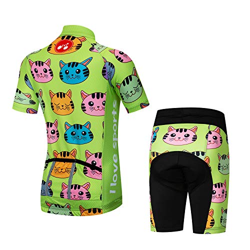 Kids Cycling Jersey Set Cartoon Short Sleeve Bike Shirt Top For Boy Girl Padded Shorts Green Cat Size S #TOP1