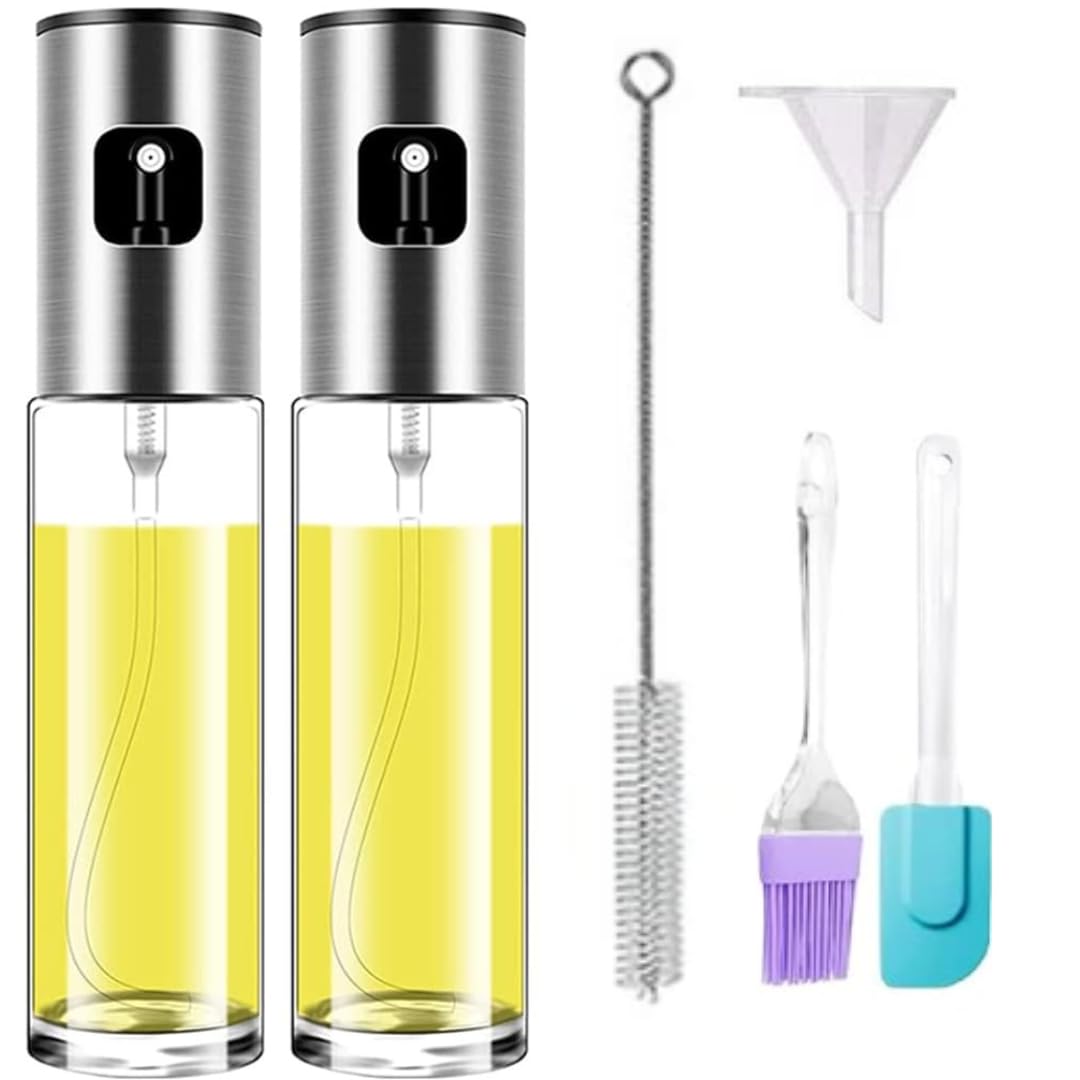 LIJIE 100 ml Cooking Oil Sprayer, Glass Bottle Oil Sprayer Mister for Air Fryer BBQ, Oil Spritzer for Salad Making, Baking (Pack Of 6) (2 Oil Sprayer+1 Cleaning Brush+1 Funnel+ Oil Brush and Spatula)