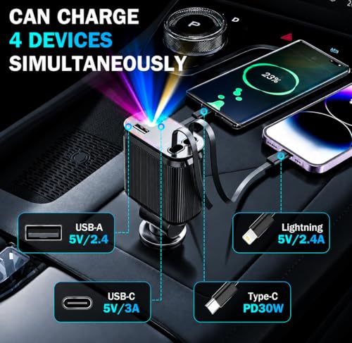 Image of 120W Retractable Fast Car Charger with DRL and Starlight (2026 Version) | 4-in-1 Dual Retractable Cables with USB & Type-C Ports | Adjustable 180 Direction