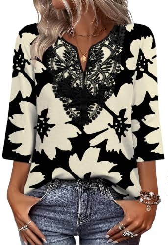 Image of WIHOLL 3 /4 Length Sleeve Womens Tops Boho V Neck Lace Shirt Trendy Blouses Dressy Casual Vacation Clothes S-3XL