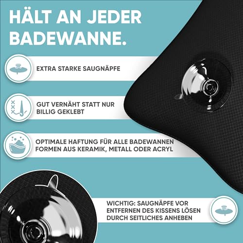 HAVENHAUS Premium Badewannenkissen schwarz | Badewannenkissen Nacken schnelltrocknend & extra große Saugnäpfe | Badekissen für Badewanne waschbar | Nackenkissen Badewanne Badezubehör | Wannenkissen