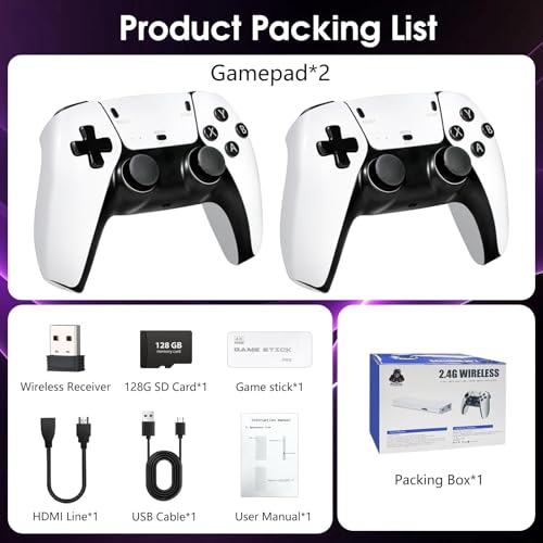Image of 2025 New 128GB Retro Gaming Stick, Mini Arcade Console with 40,000+ Games & 23 Emulators, Wireless HDMI TV Game Stick for Adults /Kids, 4K HD Plug & Play, 2.4G Dual Controller (White)