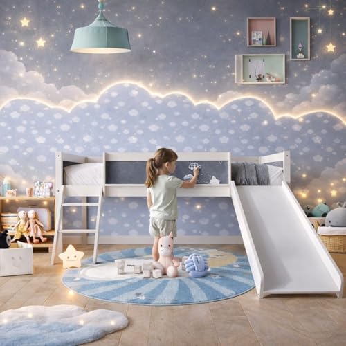 CHALETPOSH Low Loft Bed with Slide, Climbing Ladder, Chalkboard, Wood Twin Loft Bed Frame with Guardrail for Kids Toddler Boys Girls, White