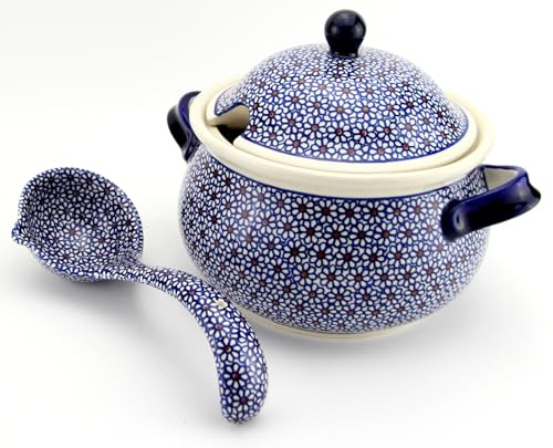 Polish Pottery Market 3.17-Quart Soup Tureen with Ladle by Zaklady Boleslawiec – Handcrafted Polish Stoneware Covered Soup Tureen with Ladle for Serving Soup and Stews