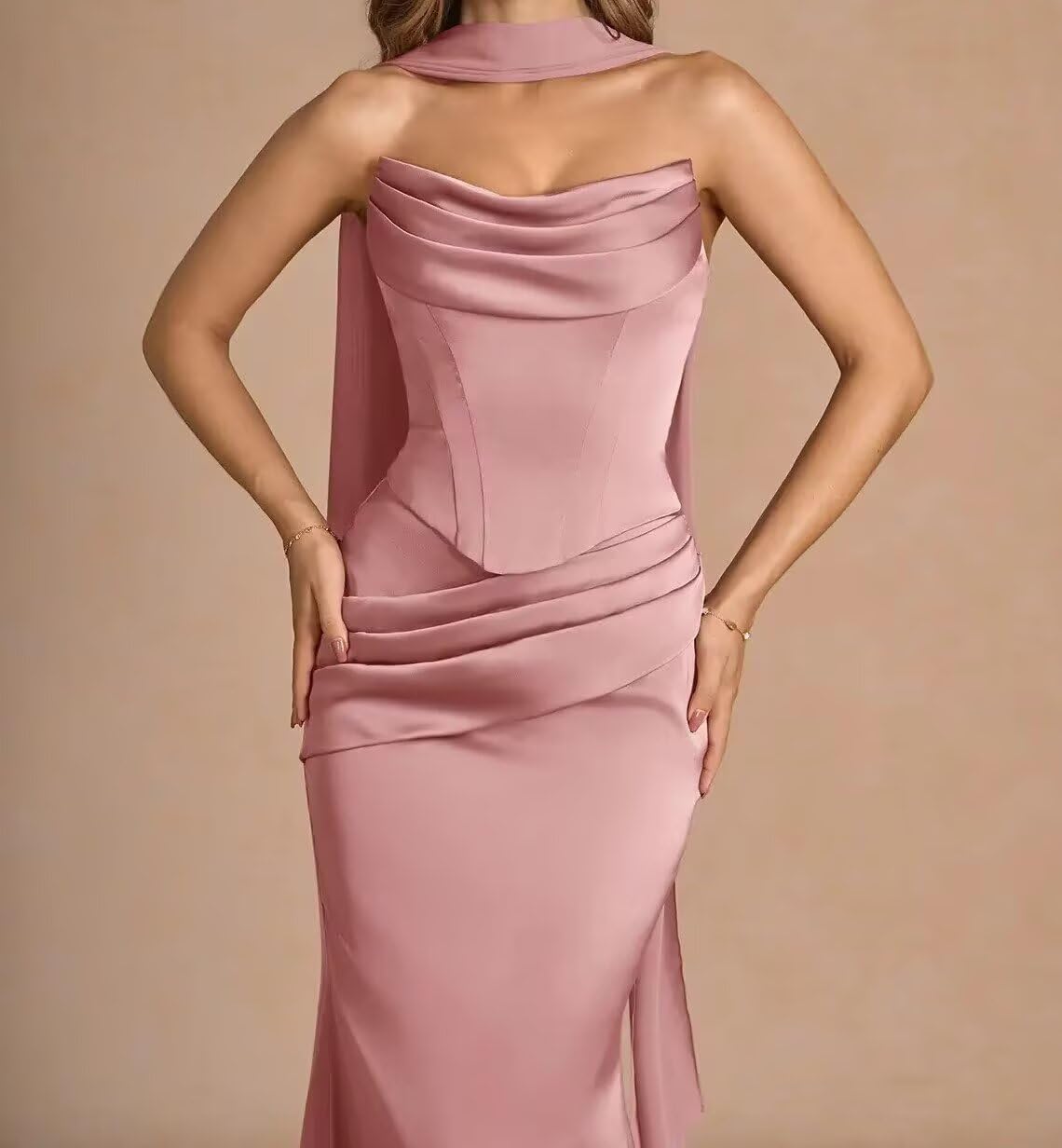 Strapless Bridesmaid Dresses for Women Pleated Satin Mermaid Formal Evening Gown with Scarf