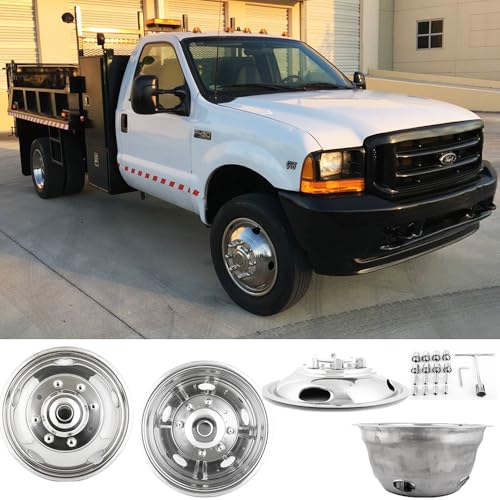 Image of 19.5 inch Polished Stainless Steel Dually Wheel Simulators fit for Ford 1999-2004 F450 /F550 Truck, 4pcs Nice Looking and Durable Bolt On Wheel Cover,8 Lug Hubcaps with Installation Tool Kit