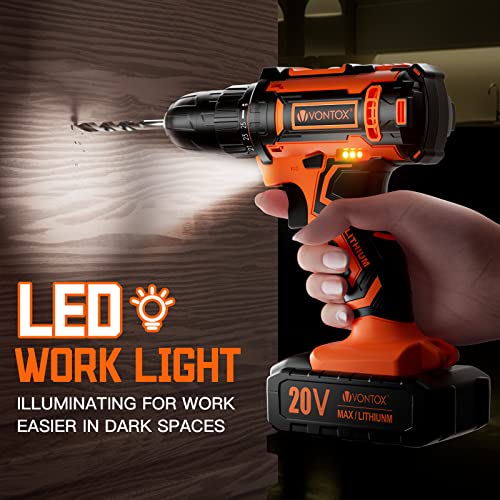 Drill Set, V VONTOX 20V Cordless Drill with 2 Lithium-ion Batteries 2.0AH & Fast Charger, Home Power Drill 3/8" Keyless Chuck, 370 In-lb Torque, 2 Speed, 25+1 Position, 24pcs Drill/Driver Bits