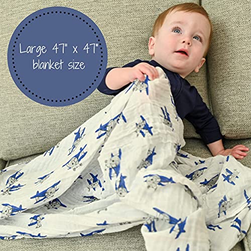 Image of LollyBanks 3 Pack Muslin Swaddle Blanket, 100% Muslin Cotton Soft Swaddle Blankets for Baby Boys, 47 X 47 Inches Cozy Swaddles for Newborns, Baby Essentials, Registry (Trucks Airplanes and Trains)