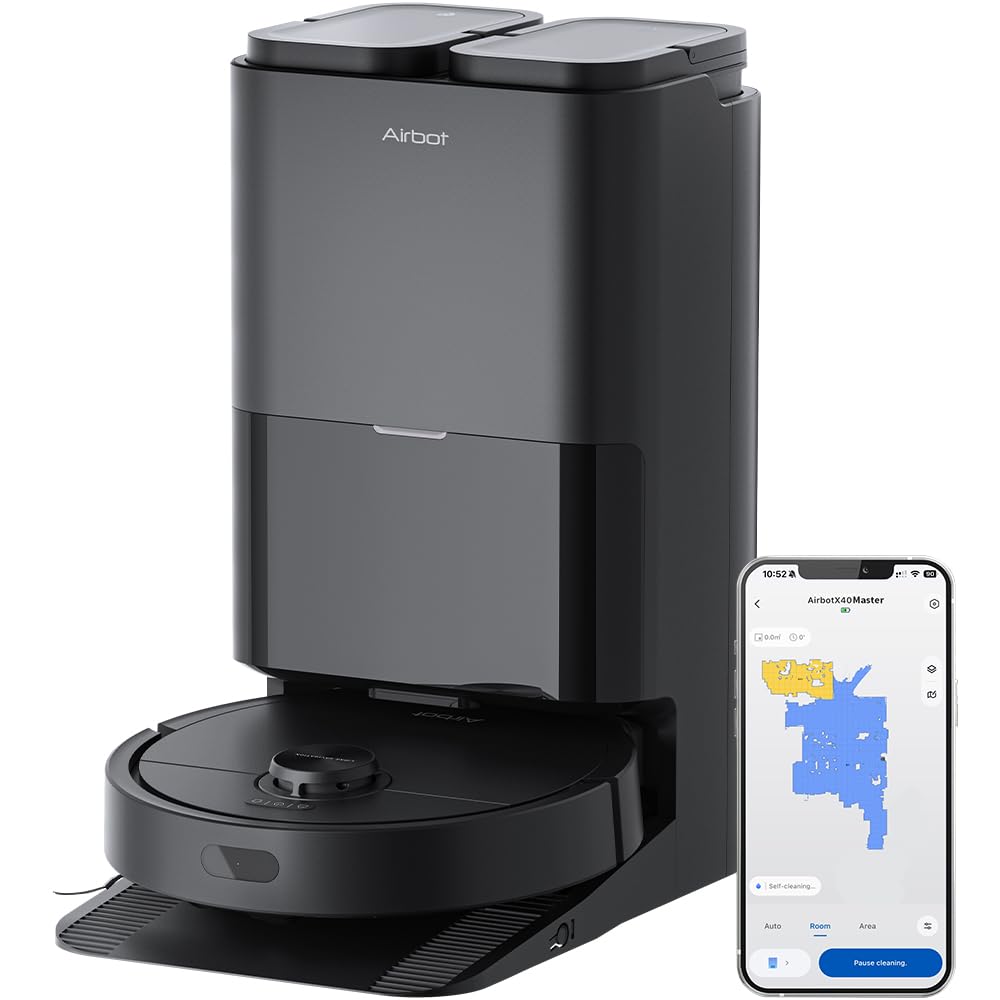 Airbot Robot Vacuum X40 Master15000 Pa Robot Vacuum Cleaner with Mop,Robot Cleaner and Mop,with Advanced AirGPT AI System,Auto Detanle, Wash&Tank Refill Black