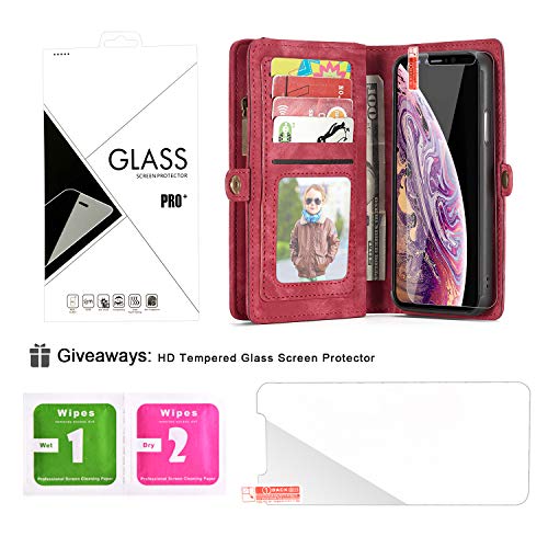 Zttopo Iphone Xr Wallet Case, 2 In 1 Leather Zipper Detachable Magnetic 11 Card Slots Card Slots Money Pocket Clutch Cover With Free Screen Protector For 6.1 Inch Iphone Case -Red #TOP6