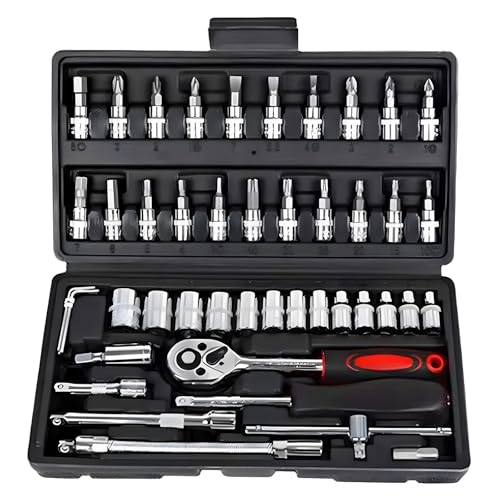 Socket Set 46 Piece 1/4 Inch Tool Sets Ratchet Set for DIY Enthusiasts Car Tools & Equipment Small Socket Set Extension Bars for Household Car Bike Motorbikes Repair - Compact Household Tool Kit