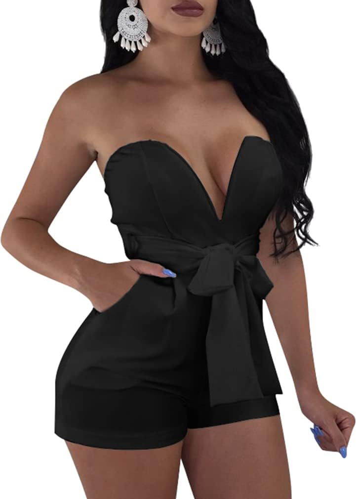 TOB Women's Sexy Deep V-neck High waist Belt Club Romper Short Jumpsuit Black