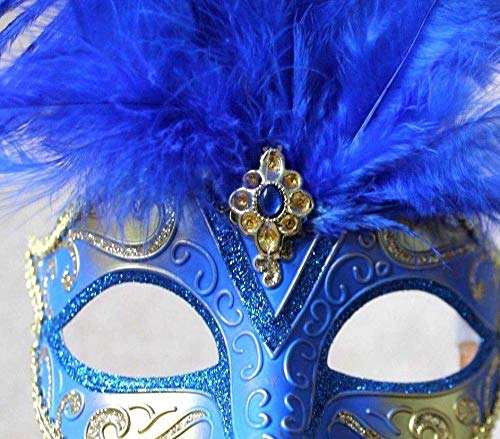 LADIES BLUE & GOLD VENETIAN MASQUERADE HALLOWEEN CARNIVAL PARTY EYE BALL FEATHER MASK, Blue Gold, 7cm Deep exc Feathers - Image 2