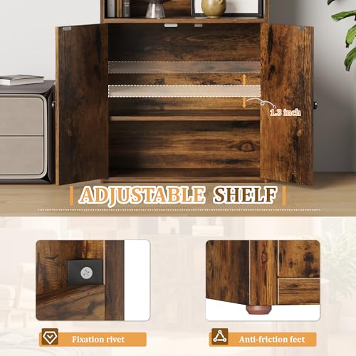 Furniwell Industrial Bookshelf and Bookcases with Doors Modern Bookshelf Cabinet Tall Book Shelf Storage for Home Office, Bedroom (Rustic Brown)