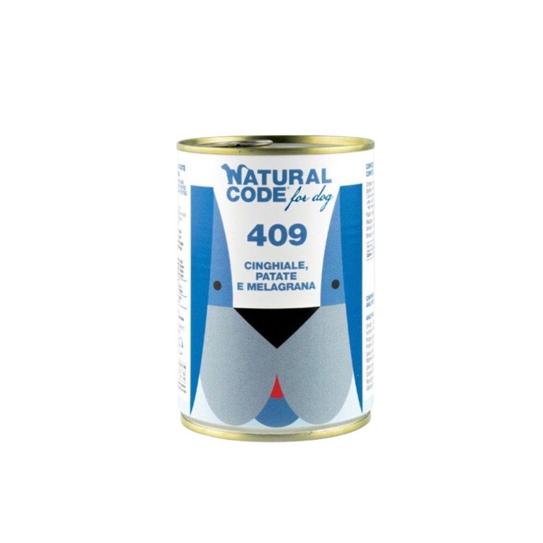 Natural Code - Comida húmeda para perro número 409 con sabor jabalí, patatas y granada, alimento completo en pelusas para perros adultos de todas las tallas y razas, en lata, 6 cajas de 400 gramos