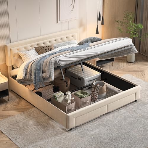 FOERPL - Cama de 160 x 200 cm con somier, cama con cajón grande en el extremo de la cama, marco de cama con cabecera de terciopelo, cama acolchada con somier de madera (beige aterciopelado, 160 x 200