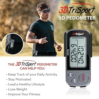 Realalt 3DTriSport 3D Walking Pedometer with Clip & Strap, Accurate Step Counter with 30-Day Memory, Distance in Miles/KM Large Display Perfect for Seniors & Beginners eBook Included - Grey/Black