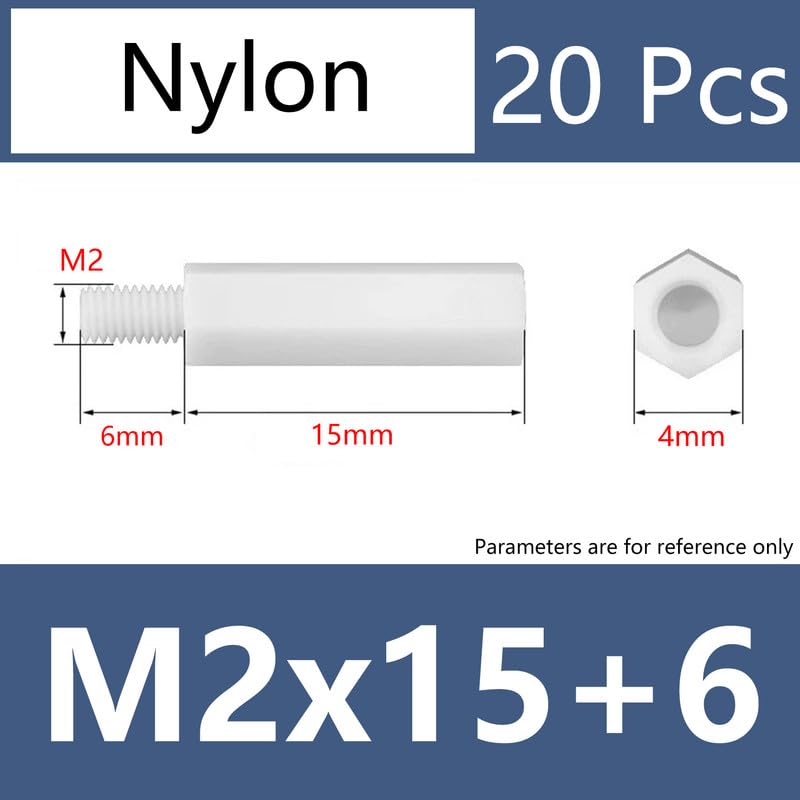 M2 x 15 +6mm 20 Pcs Plastic Standoff Screws Single end Female Threaded Insulation Stud Nylon Hex Spacer Standoffs Hexagonal Pillar