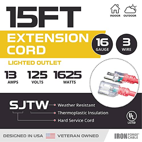 15 Ft Red Extension Cord - 16/3 Sjtw Lighted Outdoor High Visibility Electrical Cable With 3 Prong Grounded Plug For Safety #TOP1