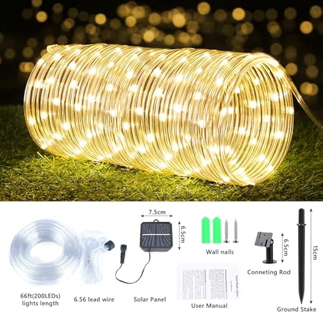 Solar Rope Lights, 66ft 200LED Solar String Lights, 8 Modes Waterproof Solar Powered Outdoor Light, Flexible Clear Tube Light for Garden, Backyard, Patio, Deck, Porch, Pool, Tree Decor - Warm White