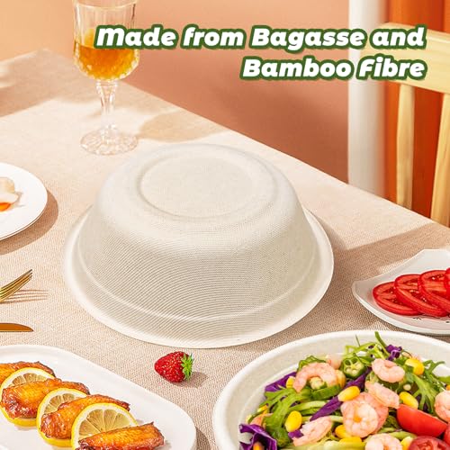 ALEXPRE Large Disposable Paper Bowls-32oz for Hot Soup,150 Pack Eco-Friendly, Compostable Bagasse Disposable Heavy Duty Biodegradable Bowls Bulk for Hot Food, Salad, Milk Cereals