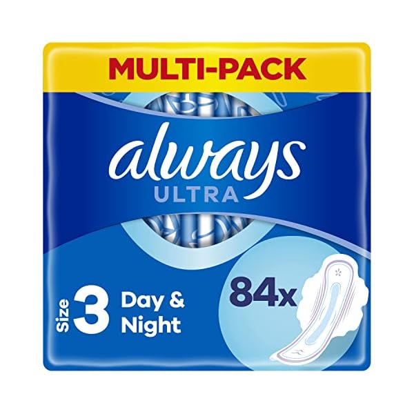 Always Ultra Binden Damen Gr. 3, Night, 84 Damenbinden mit Flügeln (3 x 28 Stück) Multipack, dünn und super saugfähig…