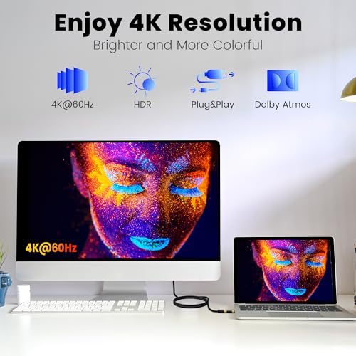 USB C to HDMI Cable 8FT, 270 Degree HDMI Plug, High-Speed USB 3.1 Type-C to HDMI 2.0 Cord, 4K@60Hz HDR, Gold-Plated Plug, (Thunderbolt 5/4/3 Compatible), for MacBook, iPad, iPhone, HDTV and More by Mygatti - Used condition - Image 4