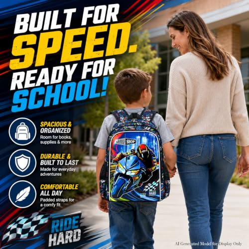 Image of 16 inch Cars Backpack for Boys, 3Pcs Kids Bookbag with Lunch Box, Motorcycle School Backpacks Set for Elementary Preschool Kindergarten(Black)
