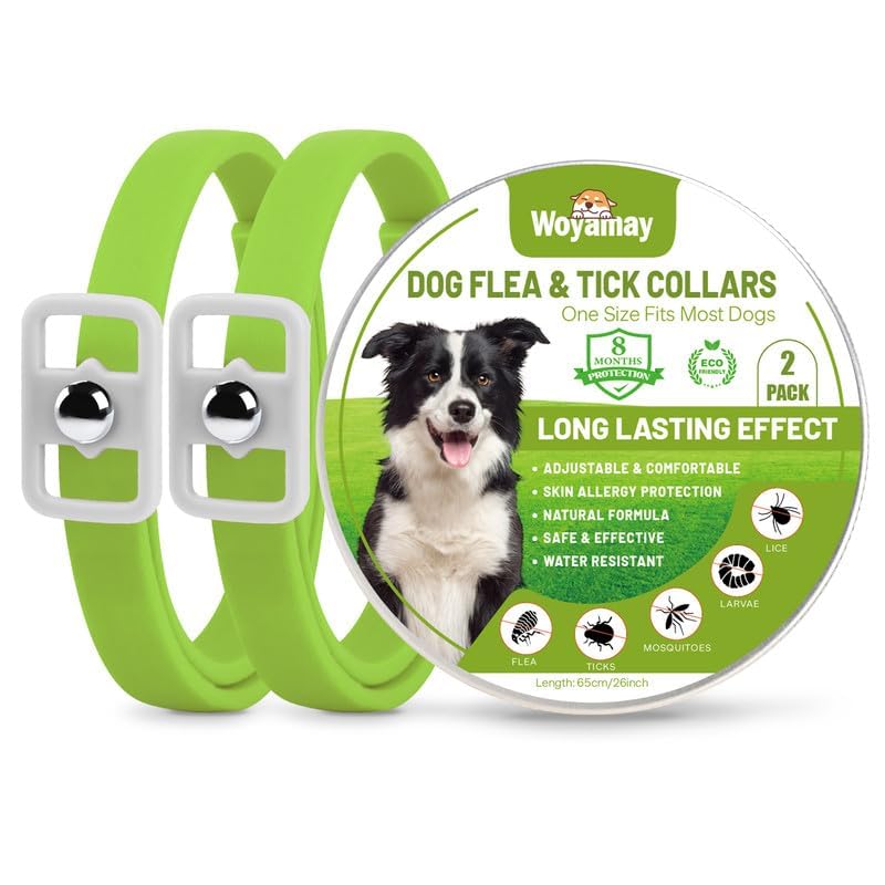Woyamay Collar Antipulgas Perros, Natural 8 Meses de Protección, Collar Antiparasitario Perros, Resistente Al Agua Regulable, Contra Pulgas y Garrapatas, Verde (Paquete De 2)