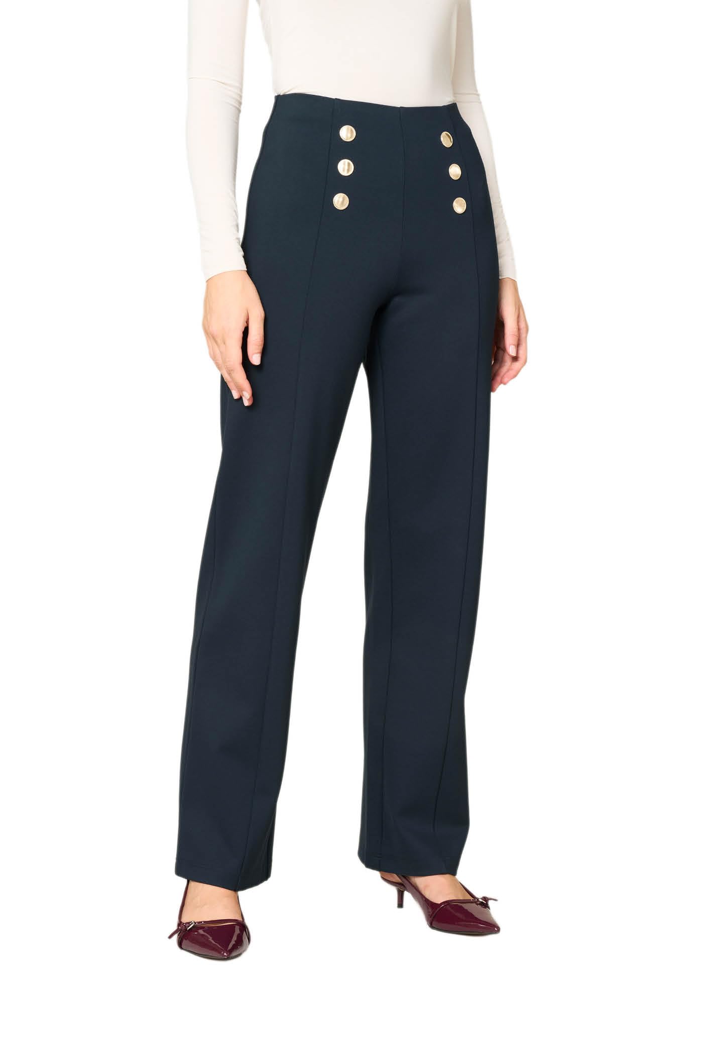 Goldenpoint Donna Pantaloni Wide Leg Leggermente Svasati al Fondo con Bottoni in Viscosa