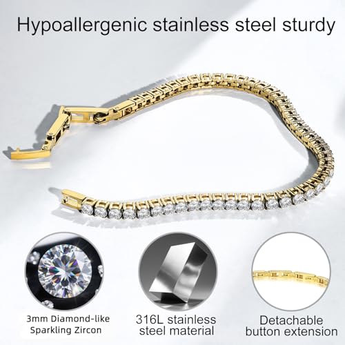 Stainless Steel Adjustable CZ Tennis Bracelet for Women Men (Gold, CZ 3mm) - image 4