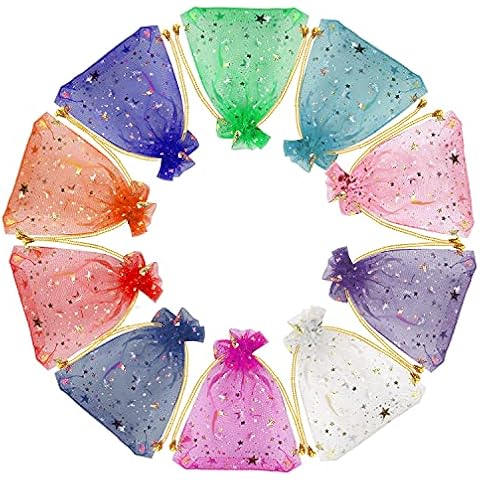 SUMAJU 100 Pieces Moon Star Organza Jewelry Candy Bags, 2.7x3.5 Inch Random Color Organza Favor Bags Gift Pouch with Drawstring for Valentine's Day Wedding Party Cover