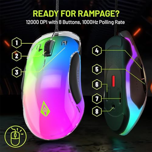 Image of Archer Tech Lab Wired Gaming Mouse,Precise Tracking, Rapid Response with Sunplus Sensor, Adjustable 12000 DPI, 8 Programmable Buttons, Huyu Switches, RGB Backlit| for PC /Mac (Recurve 400-Transparent)