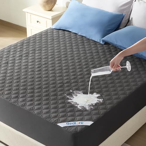 BEDLORE 防水·防ダニ ボックスシ一ツ シングル 洗える 無音 通気性よい 敷きパッド一体型ボックスシーツ 使いやすい 耐久性が高い ズレにくい 柔らかく肌に優しい オールシーズン マットレスカバー 中綿 ベッドシーツ 160X200cm グレー