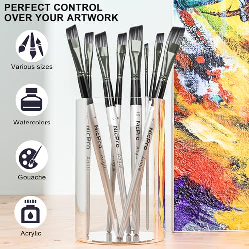 Image of Nicpro 10 PCS Angular Paint Brush Set, Nylon Hair Angled Paint Brushes for Acrylic, Watercolor, Oil, Gouache, Craft, Detail Face Body Art Painting, Base Coating, Artist Paintbrush Kit for Kid & Adult