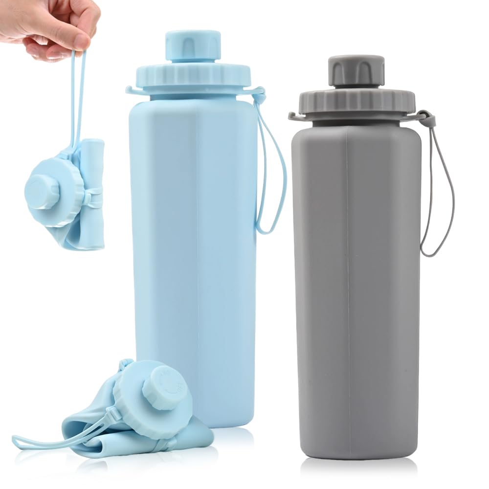 SGZIOO 2PCS Collapsible Water Bottle, 600ml Foldable Water Bottle, BPA Free Folding Water Bottles Silicone, Reusable, Lightweight, Leakproof for Travel, Gym, Hiking, Camping