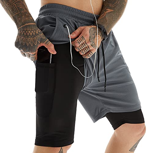 Diqqid Running Shorts For Men Workout Gym 2 In 1 Quick Dry 7 Inch Mens Compression Yoga Athletic Sports Shorts With Phone Pockets Grey L #TOP28