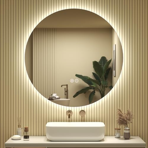 SMIROR 28 inch Round Led Backlit Lighted Bathroom Mirror for Wall | Circle Vanity Mirror with Lights, Anti-Fog, 3 Colors, Dimmable, Memory, Tempered Glass, Wall- Mounted