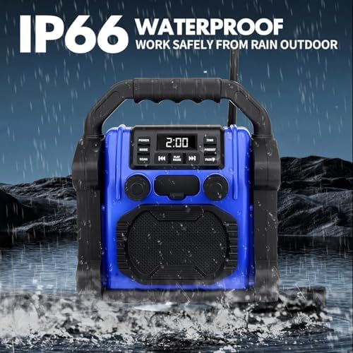 Jobsite Radio IPX 66 Waterproof Radio,Bluetooth Outdoor Speaker Bluetooth Wireless,Portable Job site Speaker with LED Lights,for Outdoor, Workshop, Garage
