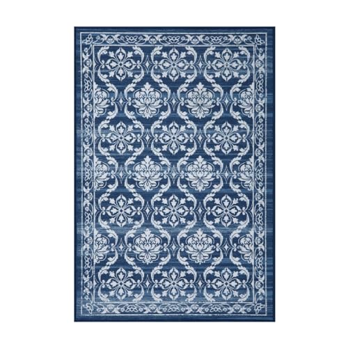 LuxFocus Floral Area Rugs Blue Moroccan Geometric Rug Washable Short Pile Area Rug Bedroom Rug Non Slip Indoor Floor Mat Carpet for Living Room Kitchen Rug Vintage Distressed Rug Blue 80x150 cm