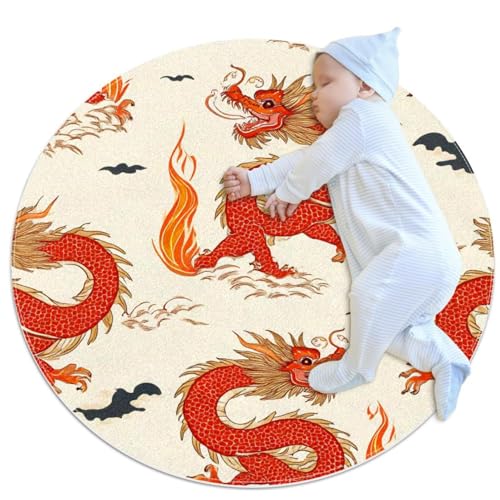 Tapis de salle de bain traditionnel dragons rouges antidérapant et rond - 2