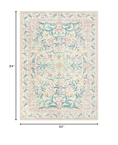 Morebes Floral Pink Rugs for Bedroom Girls, Washable 5x7 Large Area Rug for Living Room Non Slip, Vintage Low-Pile Indoor Floor Boho Flower Carpet for Kids Nursery Playroom, Light Pink&Green - Image 3