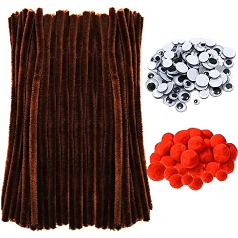 300 Pcs Christmas Brown Pipe Cleaners Set Including 100Pcs Brown Chenille Stems, 100Pcs Self-Sticking Wiggle Googly Eyes and 100Pcs Red Pompoms for Christmas Reindeer Crafts Cover