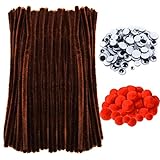 300 Pcs Christmas Brown Pipe Cleaners Set Including 100Pcs Brown Chenille Stems, 100Pcs Self-Sticking Wiggle Googly Eyes and 100Pcs Red Pompoms for Christmas Reindeer Crafts