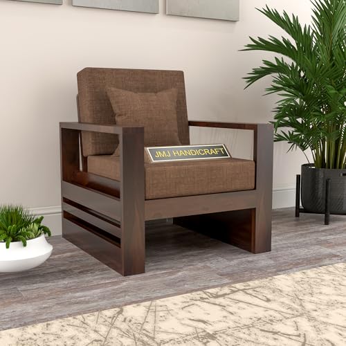 Image of Solid Sheesham Wood Single Seater Sofa - Elegant Wooden Single Sofa Chair for Living Room Home & Office (Design 25)