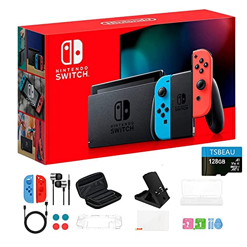 Nintendo Switch with Neon Blue and Neon Red Joy-Con Controllers, 6.2-inch Touchscreen with 1080p Display, 32GB Storage, Wi-Fi, Bluetooth, TSBEAU 128GB Micro SD Card + 9-in-1 Accessories Kit
