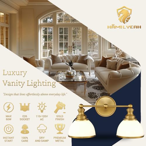 Image of Hamilyeah 2-Light Gold Bathroom Vanity Light, Brushed Gold Vanity Light Fixture Over Mirror with Milky White Glass Shades, Vintage Wall Sconce for Bathroom, Powder Room